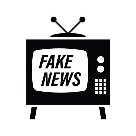 Old TV set with fake news. Social media with propaganda or hoax. Vintage display with lies and untruths. Icon or black silhouette sign. Cartoon design template. Flat vector illustrationのイラスト素材