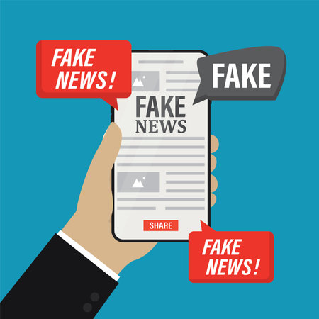Human hand uses mobile phone. Fake news on smartphone screen. Social media applications with propaganda or hoax. Articles in press with lies and disinformation. Flat vector illustrationのイラスト素材