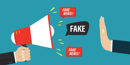 Fake news. Hand with gesture - stop hoax. Hand holds megaphone spreading fake news in social media. Article in online press with disinformation, lies and propaganda. Flat Vector illustrationのイラスト素材