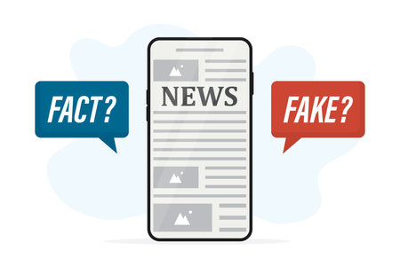 Modern mobile phone with news article. Questions - Fake or fact news on smartphone screen. Social media with propaganda or hoax. Press with various lies and disinformation. Flat Vector illustrationのイラスト素材