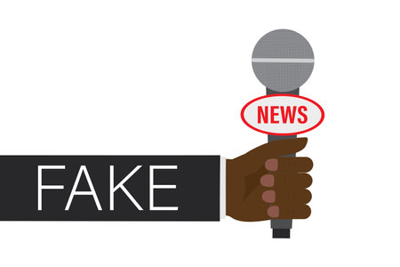 Hand of the journalist is holding microphone. False press, misinformation. The reporter tells fake news. Propaganda. Cartoon human hand with mic, isolated on white background. Flat vector illustrationのイラスト素材