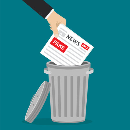 Reader throws newspaper with fake news into trash can. Social media with propaganda or hoax. Article in press with lies and disinformation. Flat vector illustrationのイラスト素材