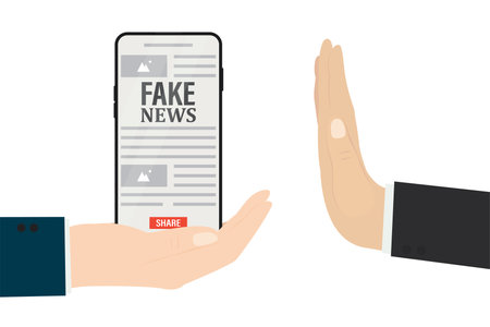 Fake news on mobile phone. Hand with gesture - stop hoax. Spreading fake news, lies in social media. Article in online press with disinformation and propaganda. Flat Vector illustrationのイラスト素材