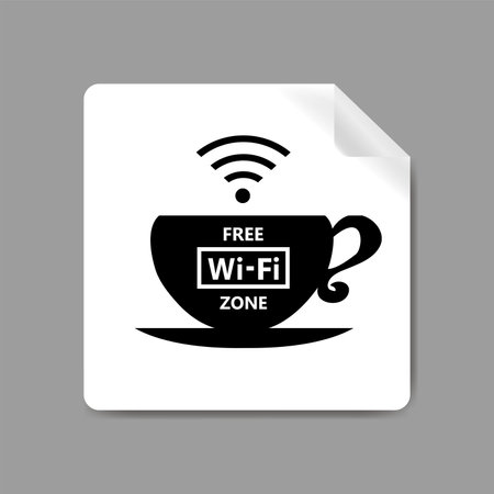 Black and white label with cup of coffee or tea. Free wifi zone. Promotion campaign. Monochromatic design. Public network, hotspot. Tag template for web advertisement. Flat Vector illustrationのイラスト素材