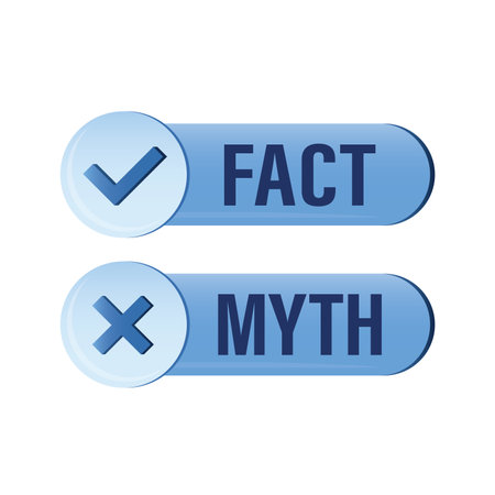 Fact and myth - buttons. Select right answer, decision. Truth and lies, symbols or tags isolated on white background. Design in trendy blue colors. Flat vector illustrationのイラスト素材