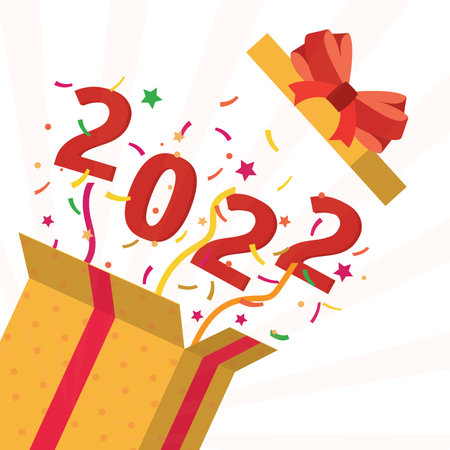 Happy 2022 year. Open giftbox with confetti, stars and red numbers. New year celebration. Holidays with gifts and discounts. Greeting card. Banner template for print, web. Flat vector illustrationのイラスト素材