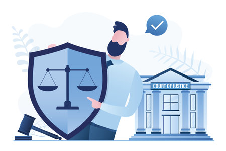 Lawyer services. Attorney or notary holds big protective shield with scale icon. Law and justice concept. Legal advice Court of justice building. Jurisprudence. Flat vector illustrationのイラスト素材