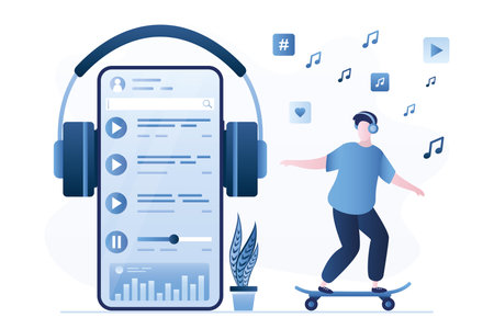 Young adult rides skateboard and listens to music with wireless headphones. Happy guy wearing earphones, enjoying playlist, live radio stream or podcast. Cell phone with audio app, multimedia content.のイラスト素材