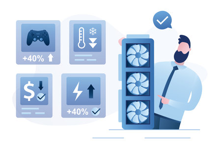 Confident businessman presents new video card. Powerful gaming video chip with improved performance. Male seller advertises new graphics chip. Close up view. Flat vector illustrationのイラスト素材