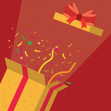 Open gift box with confetti, stars. Holiday or birthday celebration. Holidays with gifts and discounts. Printable greeting card. Place for text. Template for print, web. Flat vector illustrationのイラスト素材