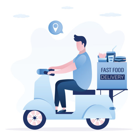 Deliveryman rides on motorbike. Fast food delivery. Courier driving scooter. Classic moped, vintage model. Transportation, shipping. Drink, hamburger and French fries in box. Flat vector illustrationのイラスト素材