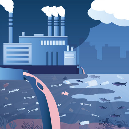 Ocean pollution, ecology concept. Dirty industries, underwater wildlife. Big factory pipes dumps toxic substances into the water. Living and dead fish swim in polluted water. Flat vector illustrationのイラスト素材