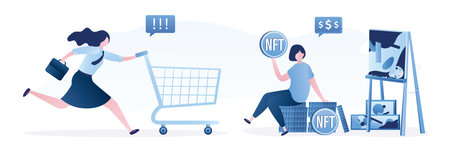 Female artist sells artworks online. Woman holds NFT coin. Artistic paintings and easel. Woman buyer running with empty shopping trolley. Technology of selling NFT tokens. Flat vector illustrationのイラスト素材
