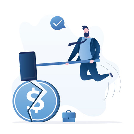 Jumping businessman breaks dollar coin using hammer. Refusal to Use US Currency. Lack of dependence on foreign currency. Financier or trader does not invest in currency. Flat vector illustrationのイラスト素材