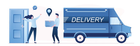 Parcel delivery to the customer's door. Happy woman customer meets courier with package. Modern delivery truck. Fast delivery service. Logistics, shipment concept. Flat vector illustrationのイラスト素材