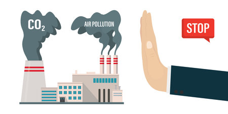 Industry, factory with dirty emissions. Hand gesture. Stop Air pollution. Ecological problem. Production polluting the environment. Industrial unit isolated on white background. Vector illustrationのイラスト素材