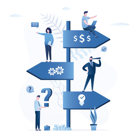 Various business people choose road to success. Pointer with multiple directions. Ways to profit, successful career, new ideas. Managers or businessmen thinking about right ways. Vector illustrationのイラスト素材