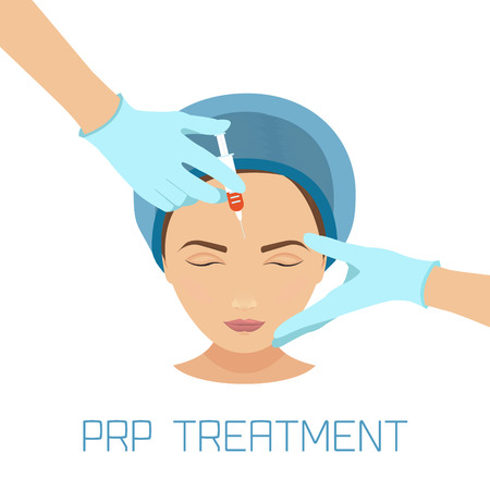 Platelet rich plasma facial injection. PRP therapy process for facelift and wrinkles. Female rejuvenation treatment infographics. Anti-ageing PRP injection procedure. Meso therapy. Vector illustrationのイラスト素材
