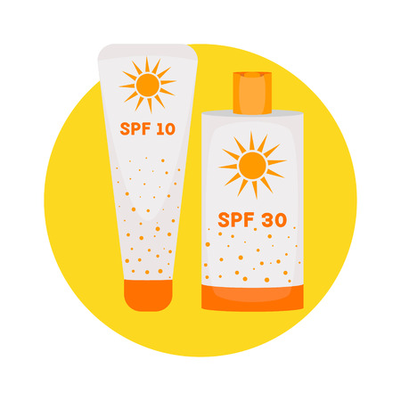 Sunblock cream bottles isolated on yellow background. Summer sunscreen cosmetic container icon. UV SPF skincare tube packaging. UV skin protection concept. Vector illustration.のイラスト素材