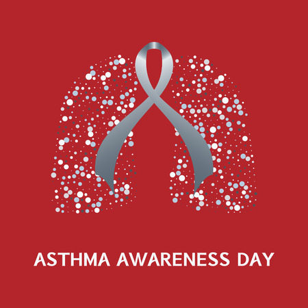 Asthma awareness day. Asthma concept with grey ribbon and lungs icons on red background. Asthma solidarity day. Bronchial asthma symbol. Vector illustration.のイラスト素材