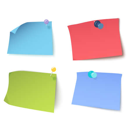 Set of multicolored stickers with pins and thumbtacks on white background. Sticky notes with curled corners. Pins stationery products.のイラスト素材