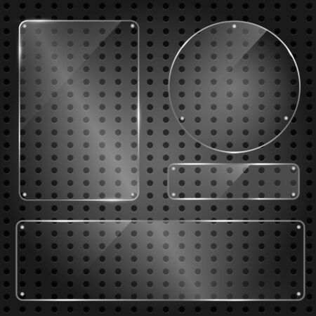 Set of glossy shiny glass banner panels on metal dotted background. Glossy blank transparent plates for your design.Technology concept. Vector illustration.のイラスト素材