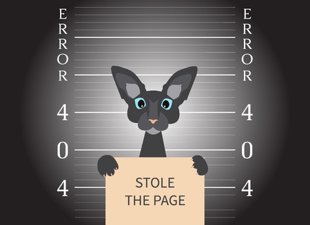 Page not found. 404 error creative design. Mugshot of a cat in a lightspot. Arrested cat at a police station holding a sign Stole the page. Web site design template. Isolated vector illustration.のイラスト素材