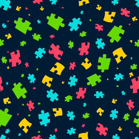 Puzzle seamless pattern. Vector illustration of colorful puzzle pieces on dark background. It can be used for cards, party invitations, baby shower albums and scrap booking.のイラスト素材