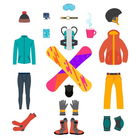 Set of snowboarding equipment icons on white background. Isolated snowboard and ski sport clothes and tools elements. Thermal underwear and protective gear. Winter sport concept. Vector illustration.のイラスト素材