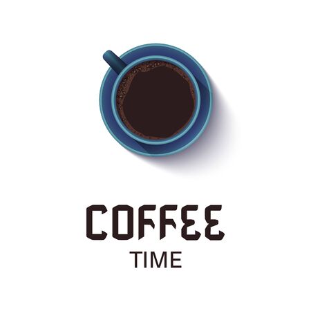 Coffee time lettering phrase. Realistic cup of black coffee isolated on white background. Espresso top view. Design template for cards, menus, packaging and posters. illustration.のイラスト素材