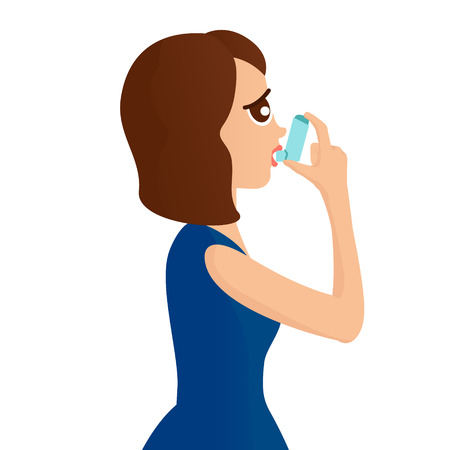 Woman using a spray inhaler to stop asthma attack. Asthma design template Bronchial asthma awareness concept. illustration.のイラスト素材