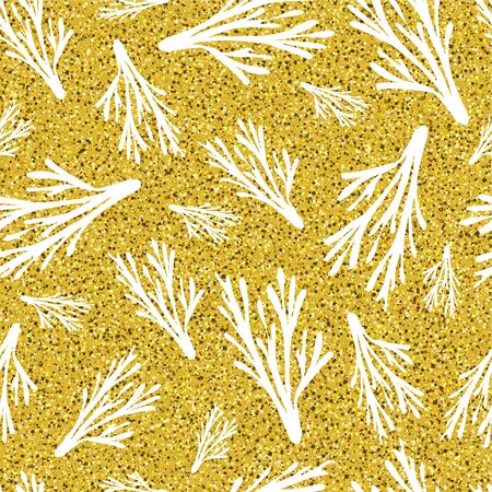 Seamless pattern of white branches on textured on abstract gold glitter dotted background. Vector illustration.のイラスト素材