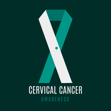 Cervical cancer poster with teal and white ribbon with a needle pin on green background. Ovarian disease symbol for January awareness month. Medical concept. Vector illustration.のイラスト素材