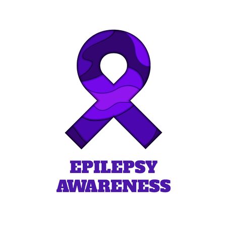 Epilepsy awareness poster. Purple ribbon made in 3D paper cut and craft style on white background. Medical concept. Vector illustration.のイラスト素材