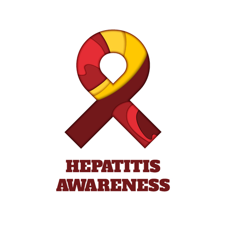 Hepatitis awareness poster. Red and yellow ribbon made in 3D paper cut and craft style on white background. Medical concept. Vector illustration.のイラスト素材