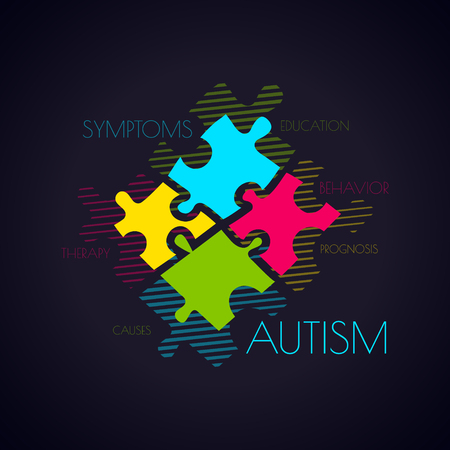 Autism awareness poster with puzzle pieces and word cloud on black background. Social interaction and communication disorder. Solidarity and support symbol. Medical concept. Vector illustration.のイラスト素材