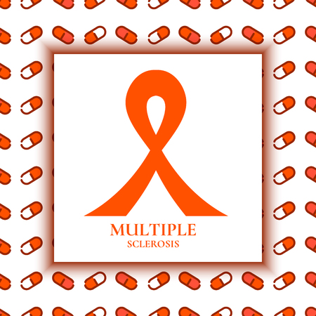 Multiple sclerosis ribbon awareness poster with an orange bow on background made of capsule pills. Central nervous system disease. Medical concept. Vector illustration.のイラスト素材