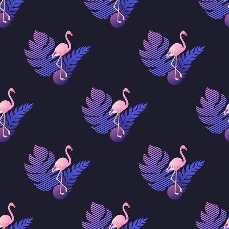 Flamingo seamless tropical pattern on black backgroundのイラスト素材