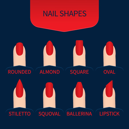 Set of nail shapes. Fingernails of different form with red nail polish on blue background. Professional manicure beauty concept. Vector illustration.のイラスト素材