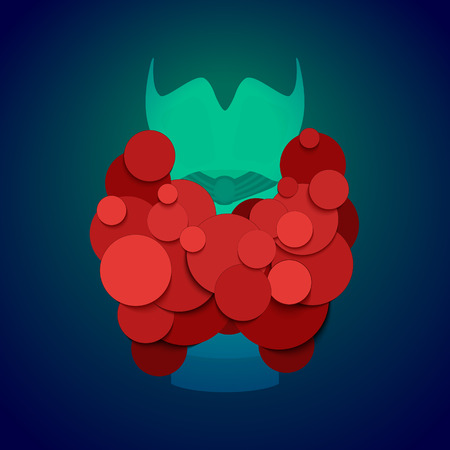 Thyroid gland front view on blue background. Human body organs anatomy icon. Thyroid diagram scheme sign. Medical concept. Isolated vector illustration.のイラスト素材