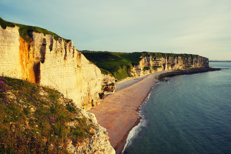 Panoramic view of Etretat cliffs at sunset, Franceの写真素材