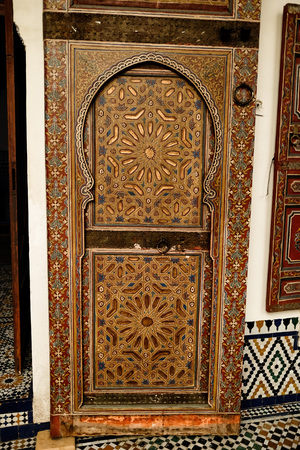 Carved wooden door in Marrakech museum interiorのeditorial素材