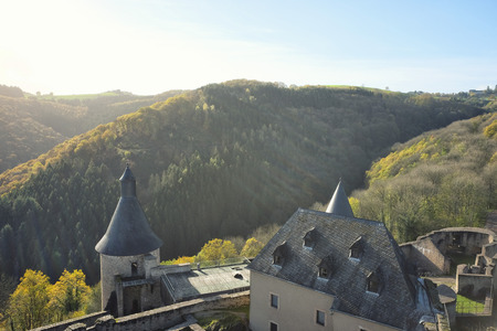 Bourscheid, Luxembourg - October 29, 2017: Bourscheid Castle, Luxembourg. The watchtower of the medieval castle with a stunning summer landscape.のeditorial素材