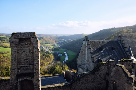 Bourscheid, Luxembourg - October 29, 2017: Bourscheid Castle, Luxembourg. The watchtower of the medieval castle with a stunning summer landscape.のeditorial素材
