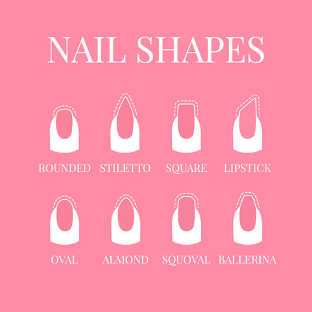Set of nail shapes with contours. Fingernails of different form on pink background. Professional manicure beauty concept. Vector illustration.のイラスト素材