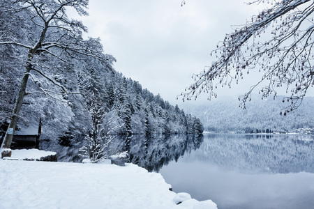 Panoramic view of Longemer Lake in the Vosges mountains, Xonrupt-Longemer, Lorraine, France. Picturesque winter landscape with white snowy trees, a bench and a house reflected in water.の写真素材