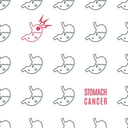 Stomach cancer disease awareness poster in linear style on white background. Abdominal tumor. Human body organs anatomy icon. Medical concept.のイラスト素材