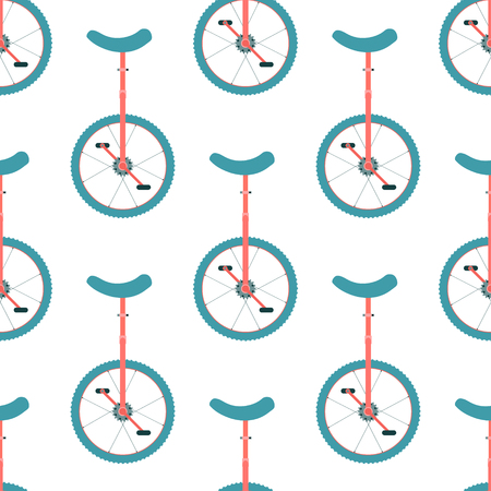 Unicycle seamless pattern on white background. One wheel bicycle symbol. Monocycle icon. Circus concept. Vector illustration.のイラスト素材