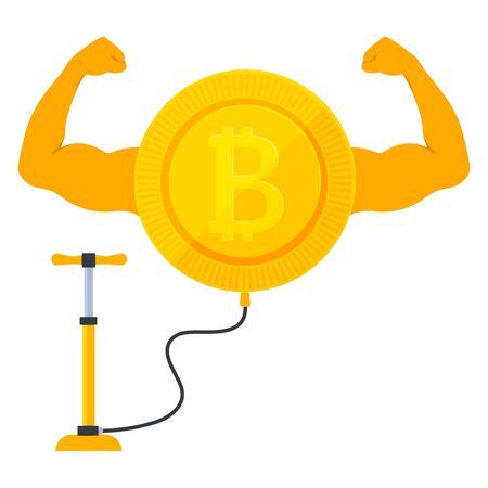 Strong bitcoin cryptocurrency showing big muscles. Inflating the coin by the pump on the stock market. Increase of the value of the digital gold. Blockchain and mining sign.Vector cartoon illustrationのイラスト素材