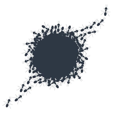 Round silhouette of ants forming a circle on white background. Crawling insects colony ring backdrop poster. Teamwork and cooperation concept.  Vector cartoon illustration. のイラスト素材
